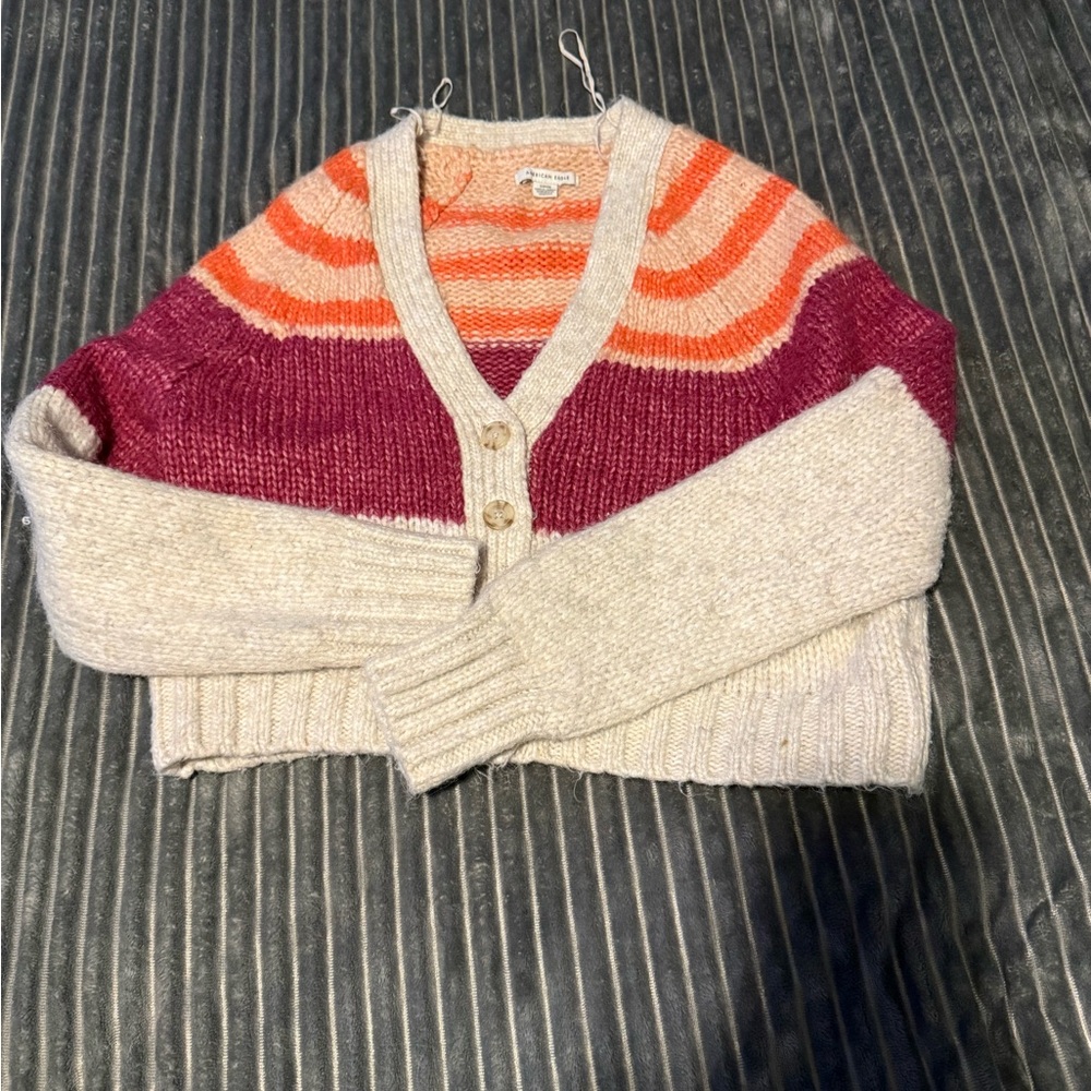American Eagle Outfitters Cropped V-Neck Cardigan in Cream, Pink & Orange